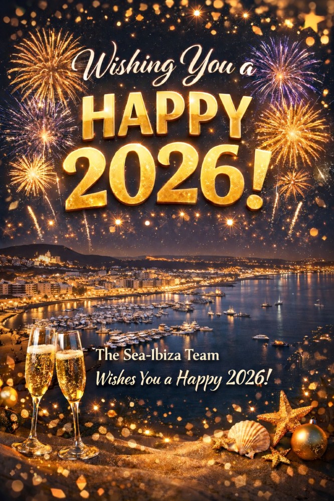 Fireworks over cityscape with 'Happy 2026' message, two champagne glasses and sea view.
