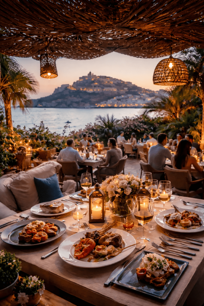Outdoor restaurant with candlelit tables, view of a lit-up hill town at sunset, and plates of food.