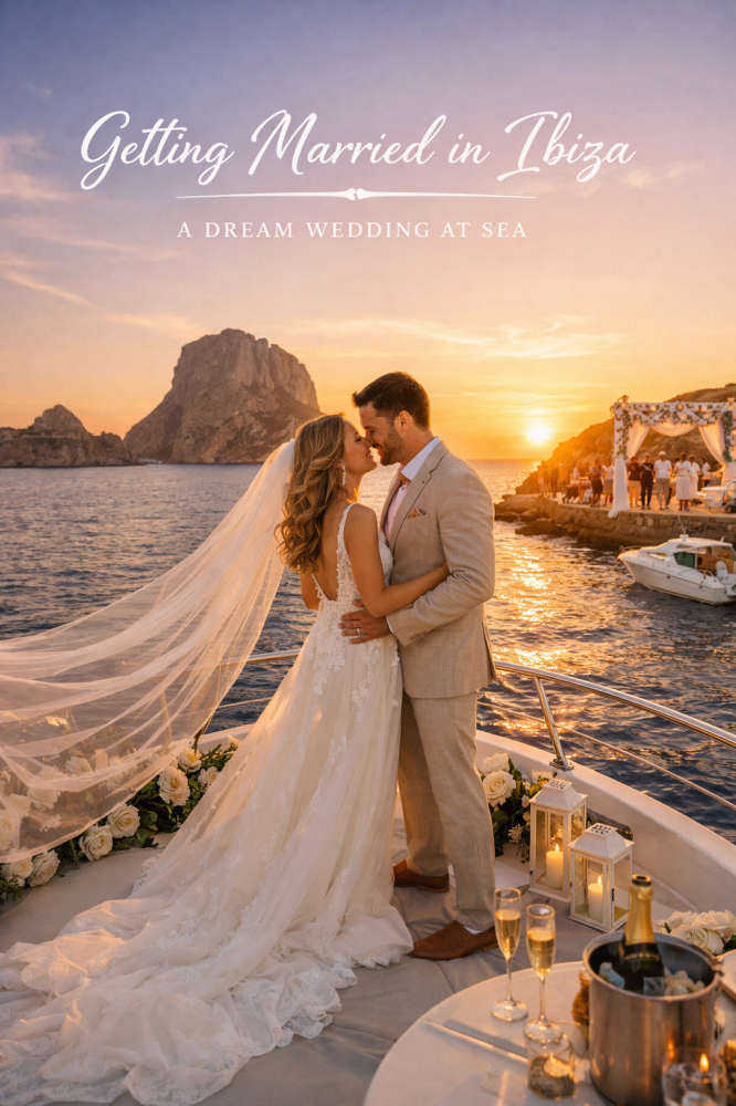 Couple in wedding attire on a boat at sunset, Ibiza in the background.