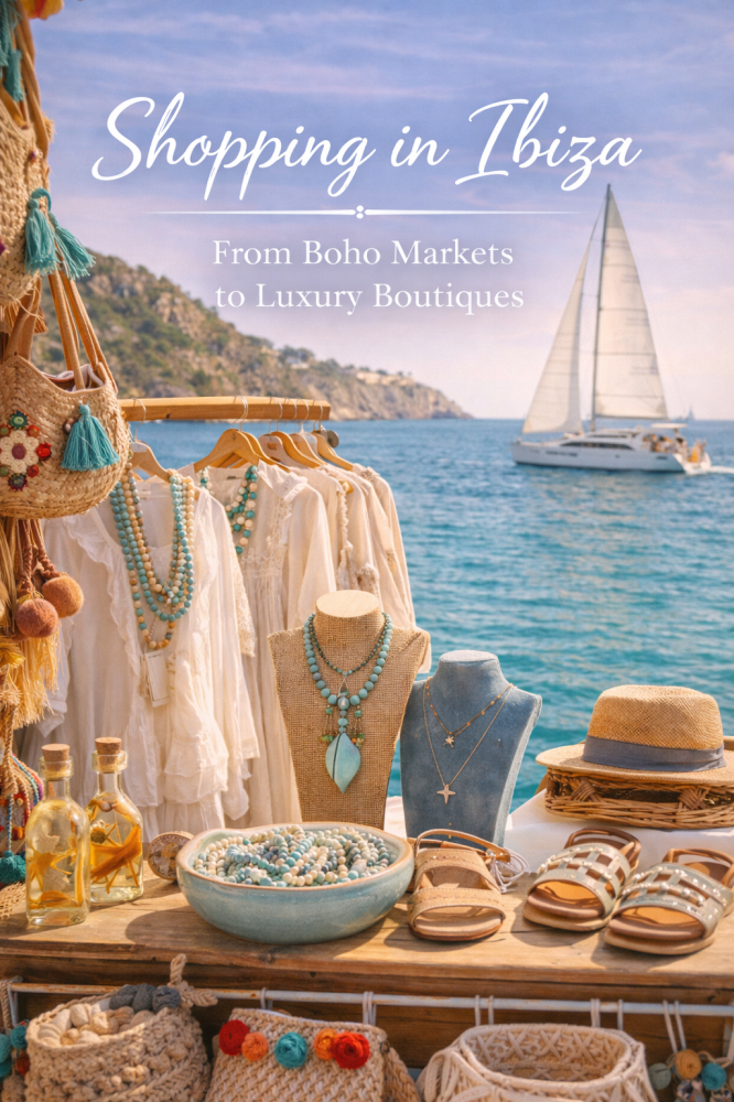 Boho clothing and accessories displayed by the sea, sailboat in the background.