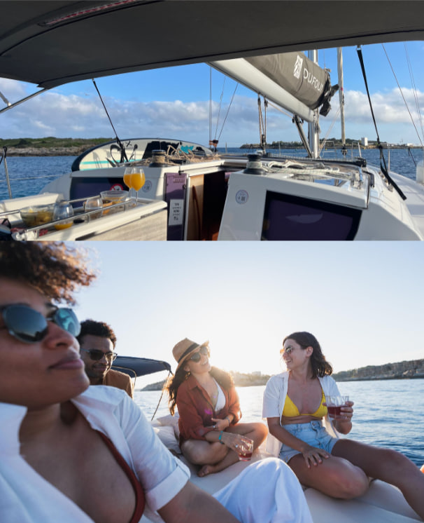 People relaxing on a sailboat with ocean view, blue skies.